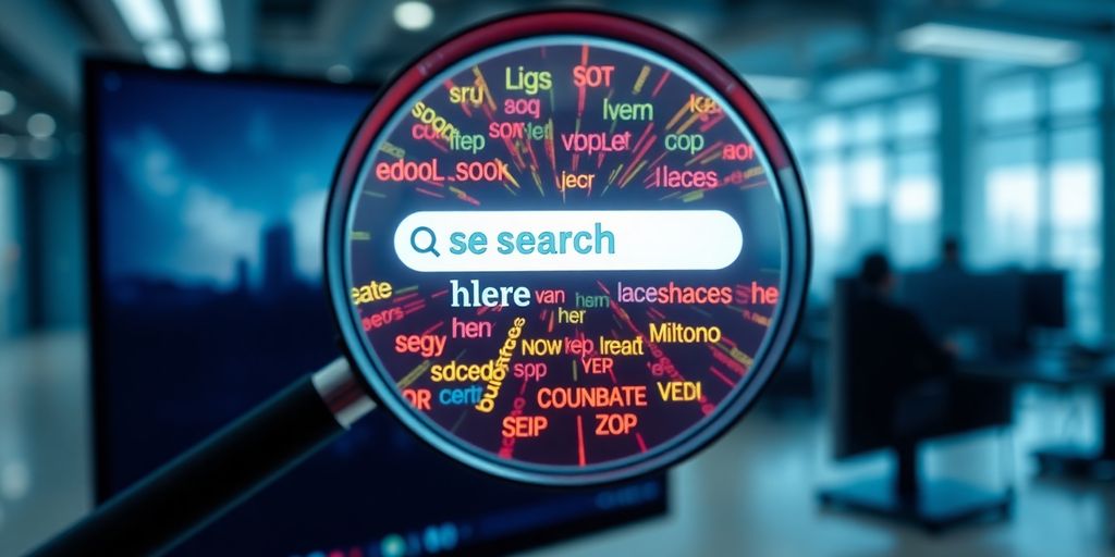 Magnifying glass over search bar, vibrant glowing keywords.