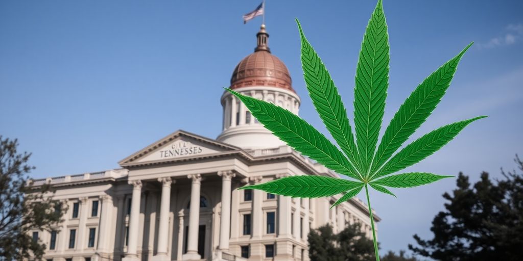 Tennessee state capitol building with cannabis leaf.