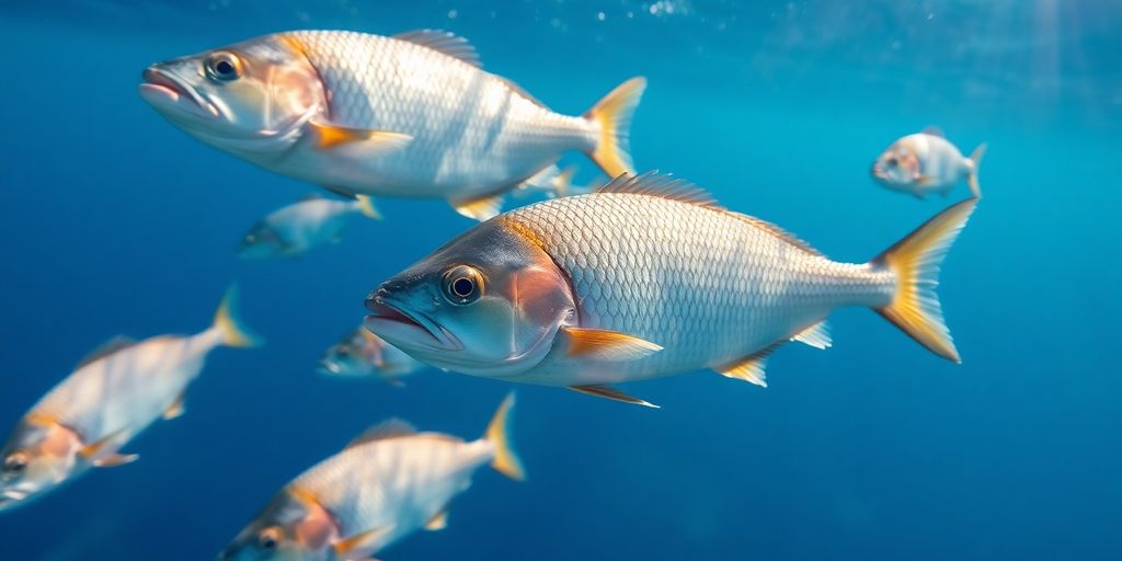 Fish swimming in clear blue water.