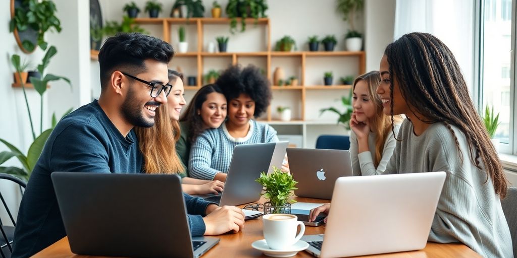 Diverse remote workers collaborating in a modern workspace.