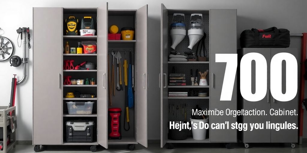 Tall storage cabinet for garage organization and tool storage.
