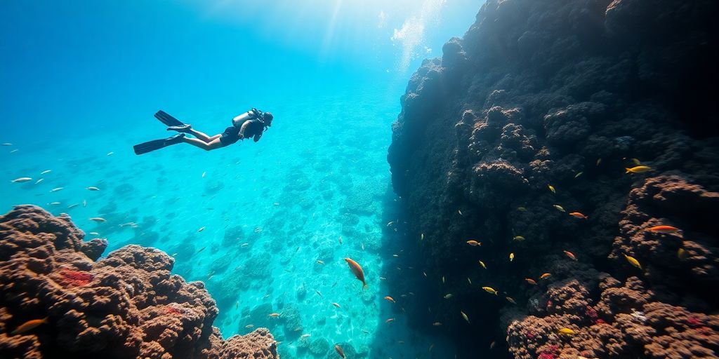 Diver swims near vibrant coral reef in clear blue water.