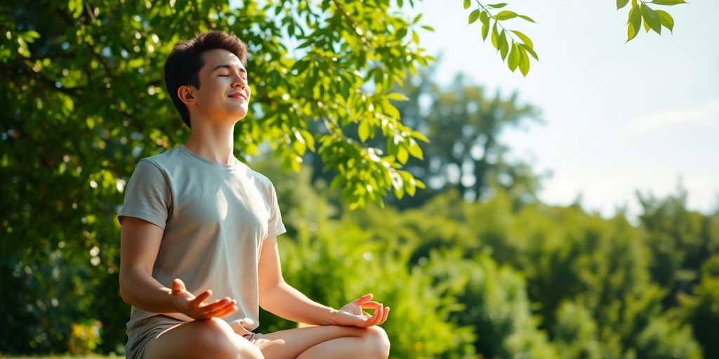 Person practicing deep breathing in a peaceful outdoor setting.