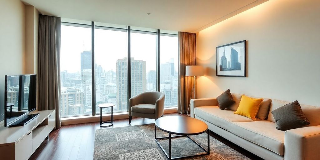 Interior of a stylish Tokyo serviced apartment.