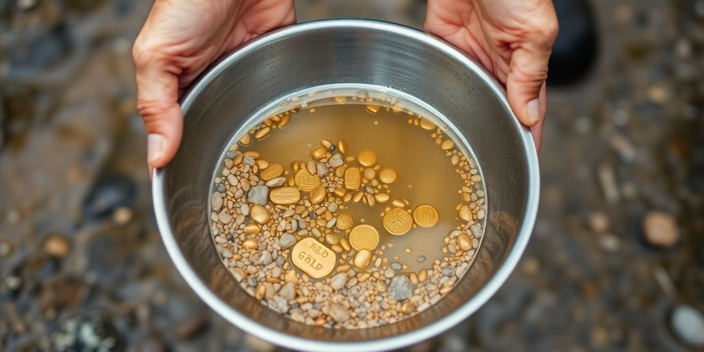 淘金者在河床中用淘金盘进行淘金作业。