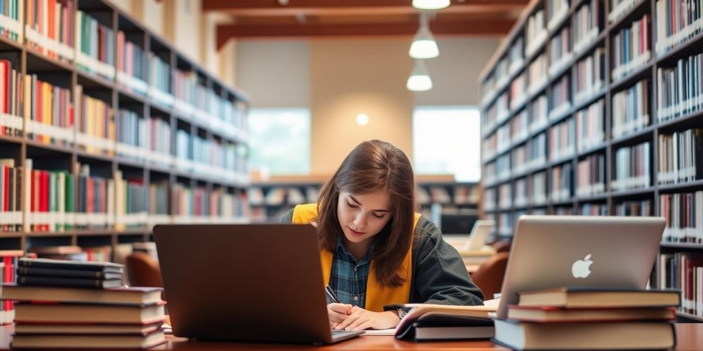 Graduate student focused on writing a dissertation in library.