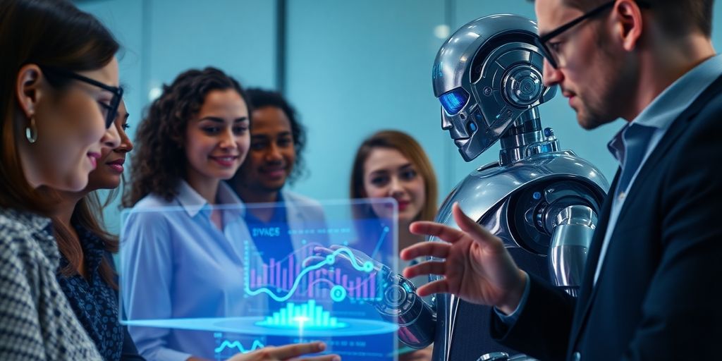 Tim ljudi i AI robot saradjuju.