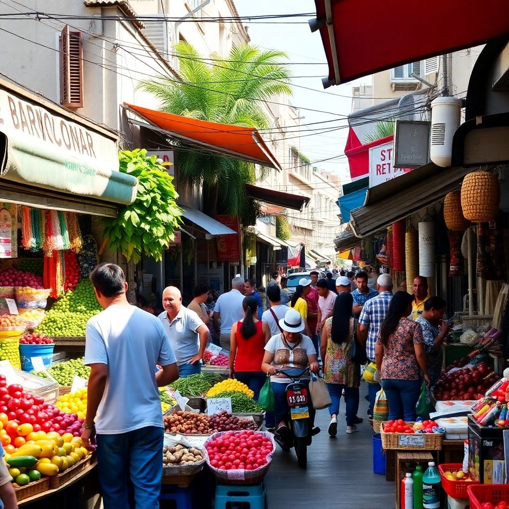 Cenas coloridas de um mercado movimentado no Brasil.