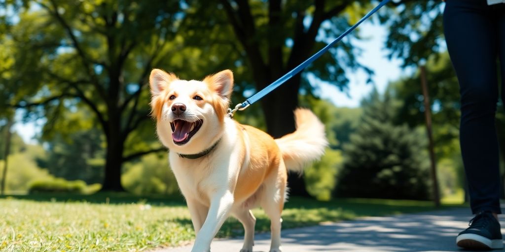 Happy dog on a lead in a park