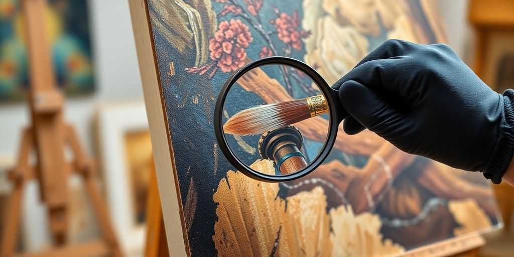 Art appraiser examining painting with magnifying glass.