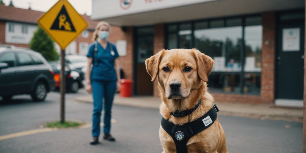 Dog owner holding their pet in front of a veterinary clinic with a warning sign about a mysterious dog illness.