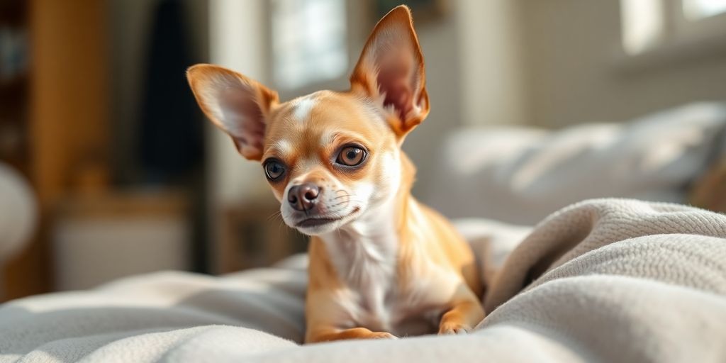 Small, alert Chihuahua in a cozy home environment.