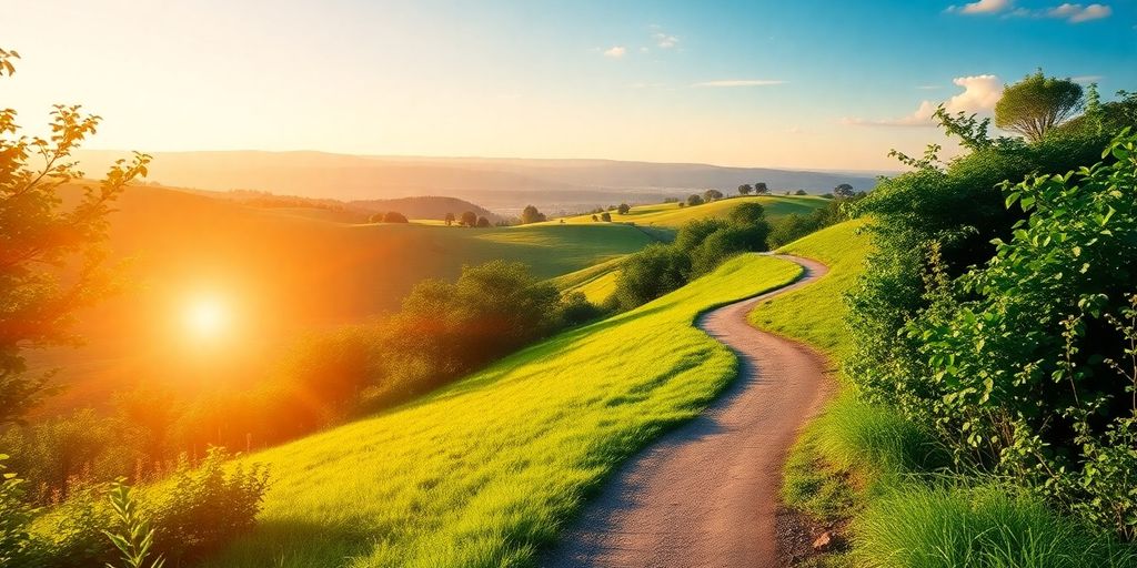A winding path through greenery leading towards a horizon.