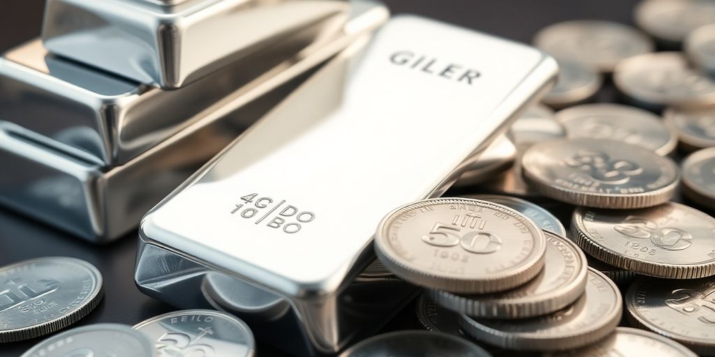 Lingots d'argent brillants empilés et pièces d'argent.