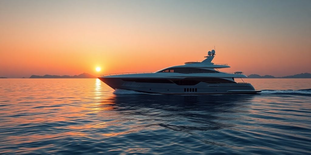 Luxury yacht cruising ocean at sunset.