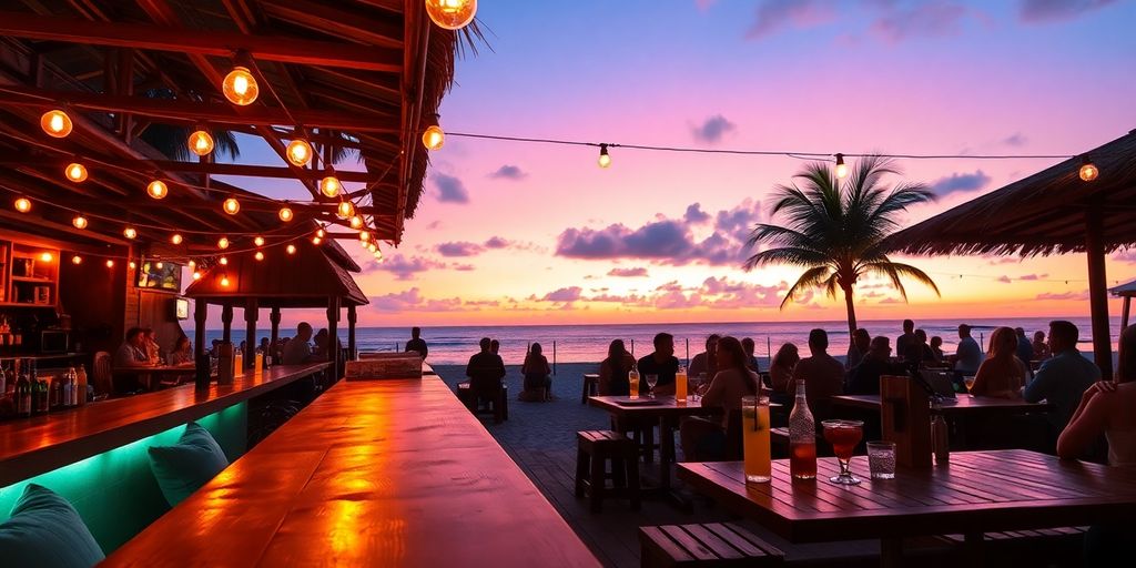 Lively beach bar scene, sunset, colorful drinks.