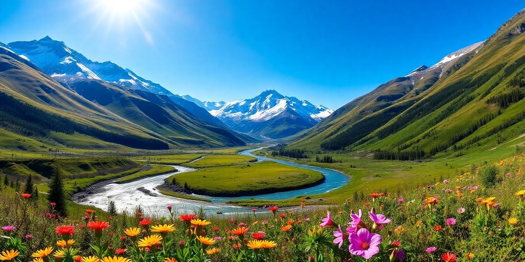 Sunlit Alaskan mountains with wildflowers and a clear blue sky.