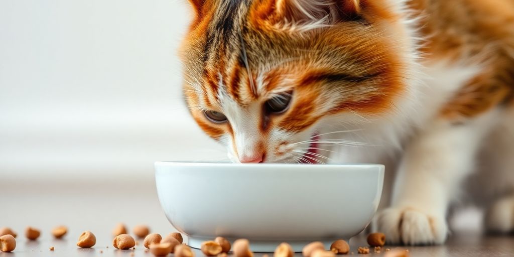 Котка, която яде бързо от купа.