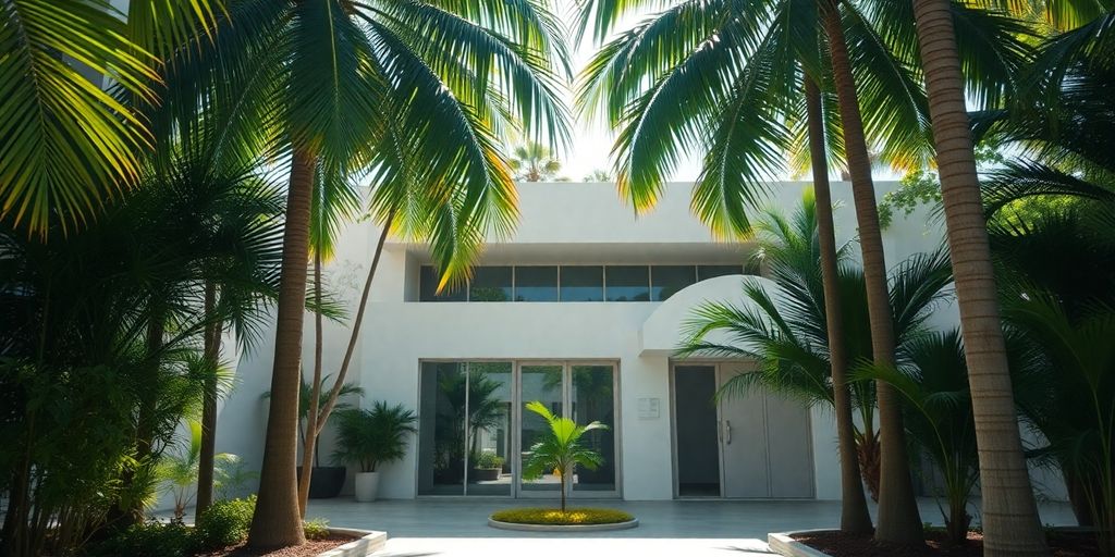 Tropical clinic exterior, discreet entrance.