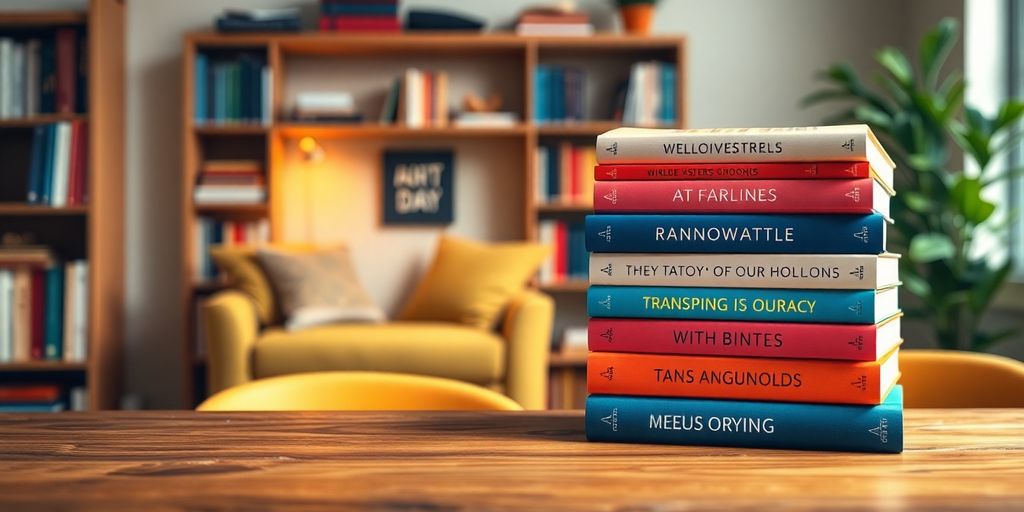 Stack of motivational books on a cozy desk.