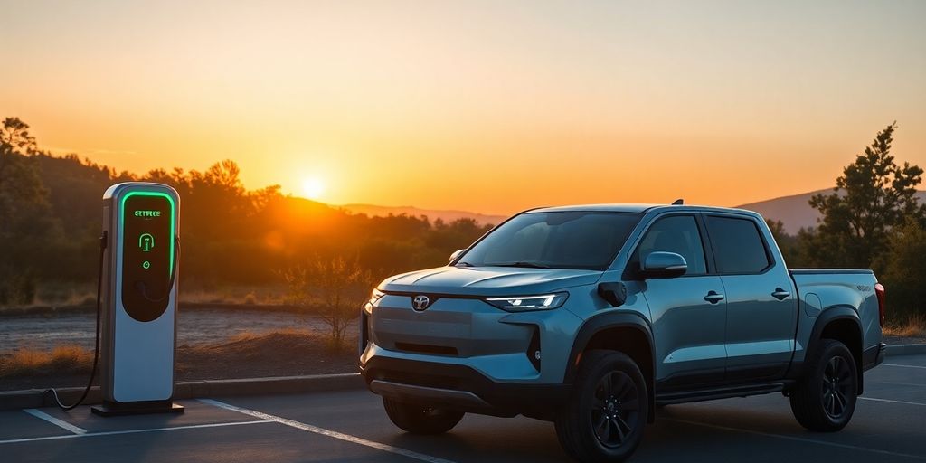Electric pickup truck charging at sunset.