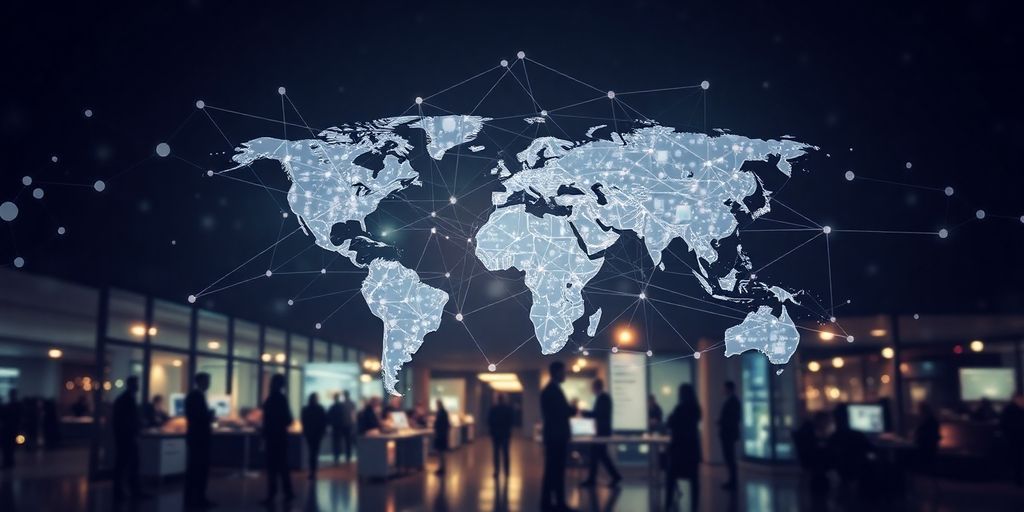 Global communication icons intertwined with diverse professional scenes.