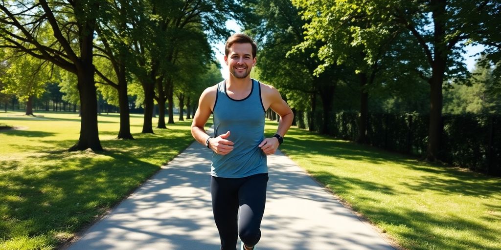 Person jogging outdoors in a park.