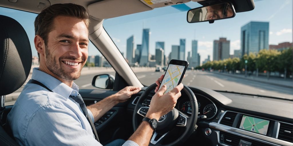 Driver with smartphone map in car