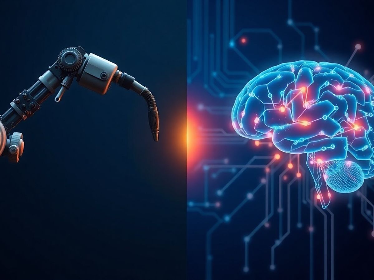 Robotic arm and AI brain contrasting automation and intelligence.