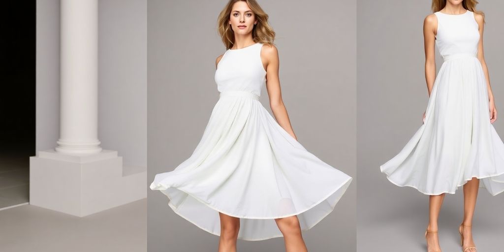 Woman in a flowy white Zara dress.