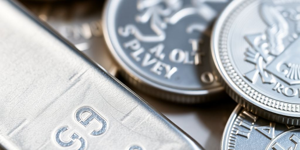Barres et pièces d'argent en gros plan.