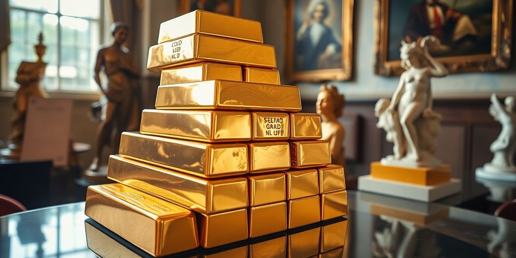 Des lingots d'or au milieu d'œuvres d'art.