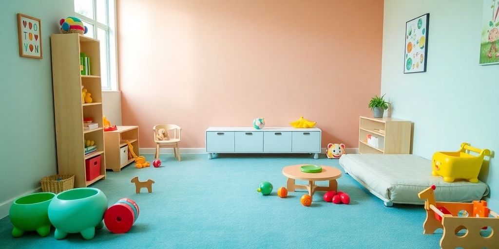 Calm therapy room with toys and therapeutic tools.