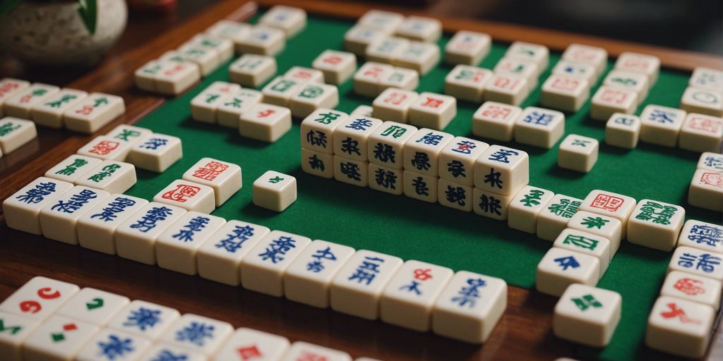 Mahjong set with various tiles like characters, bamboos, and circles, arranged neatly for a beginner's guide.