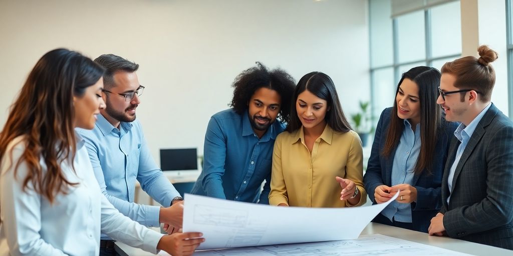 Diverse engineers collaborating, professional, focused.