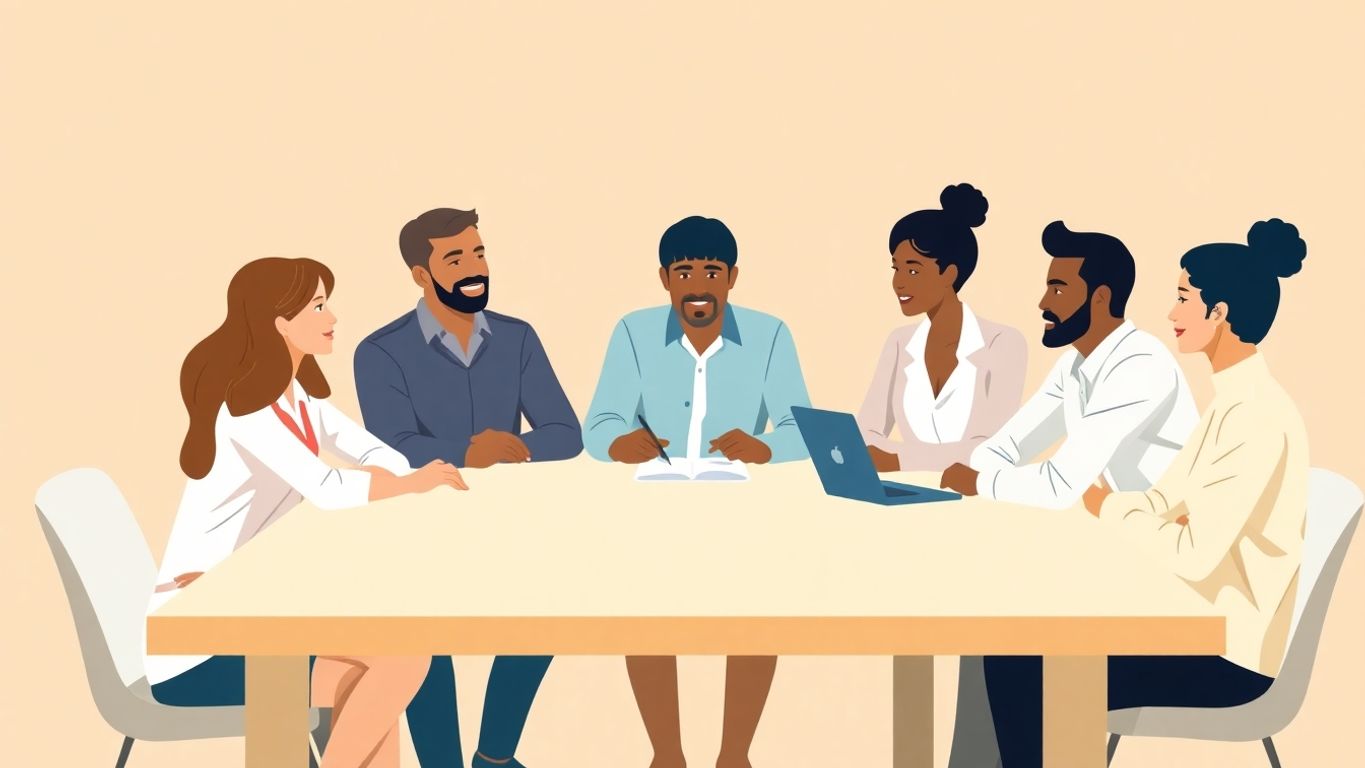 Gruppe av gründere som samarbeider ved et bord.