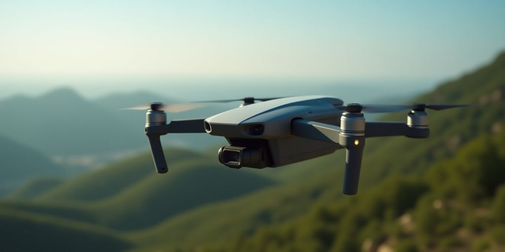 Drone DJI Mavic 4 Pro survolant un paysage verdoyant.