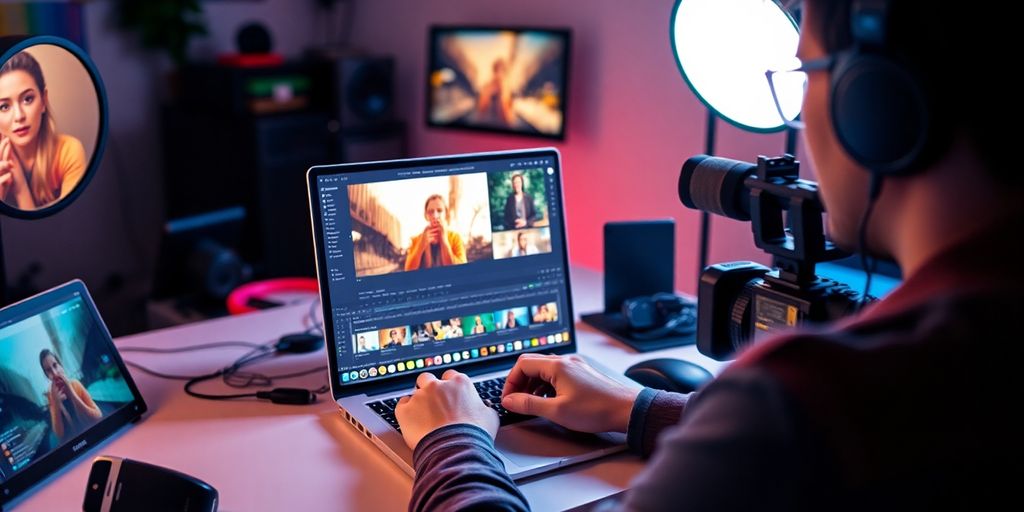 Person editing video on a laptop in a vibrant workspace.