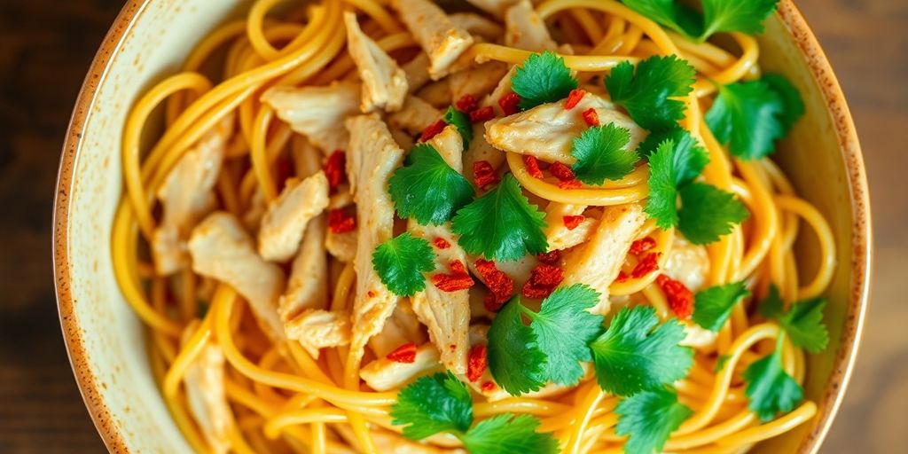 หมี่ไก่ฉีกน่ารับประทานวางอยู่บนโต๊ะ