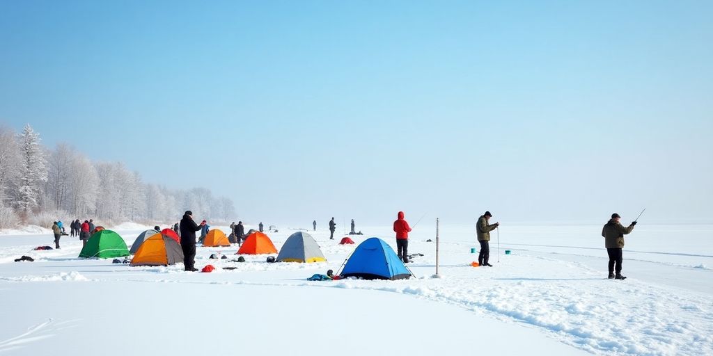 Anglers ice fishing on frozen Devils Lake, North Dakota.