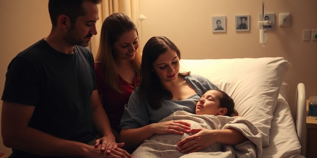 Mulher em trabalho de parto com acompanhante ao lado.