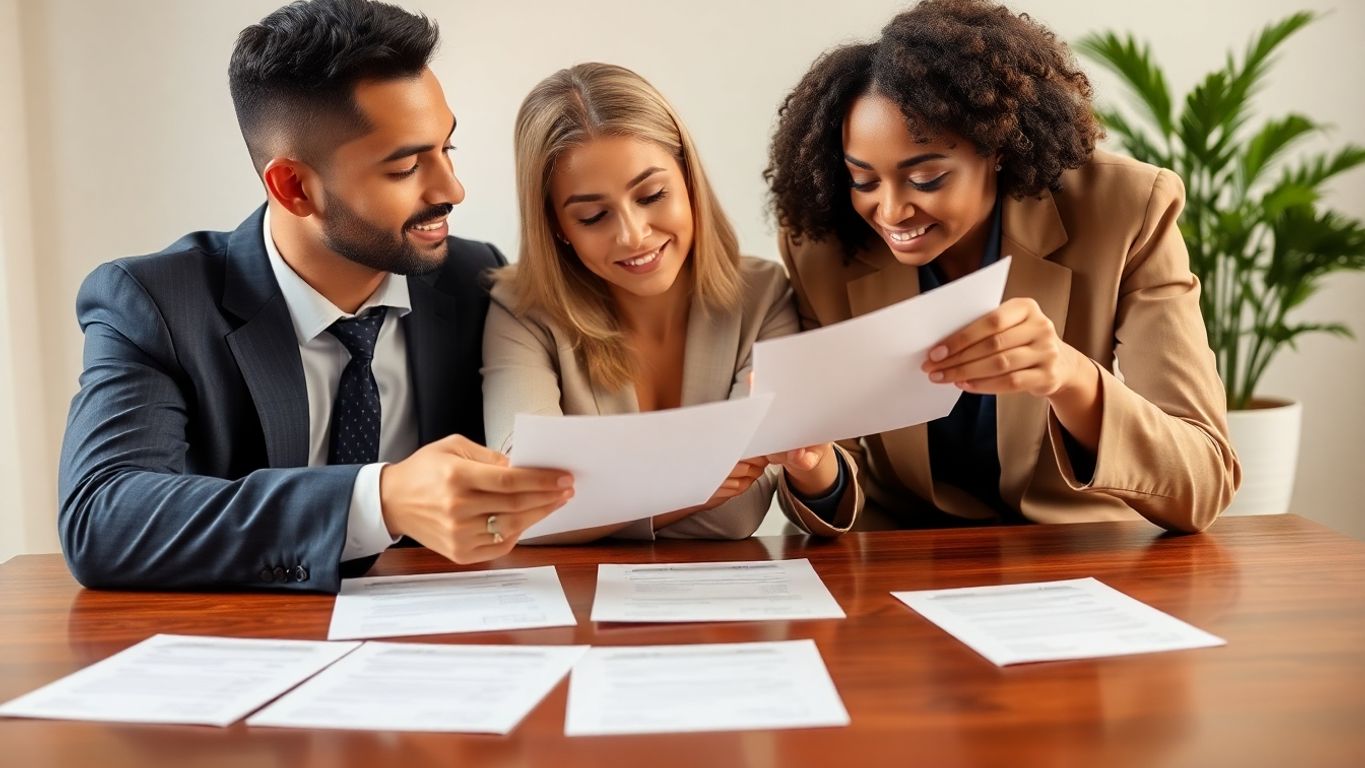 Couple reviewing prenup documents with lawyer.