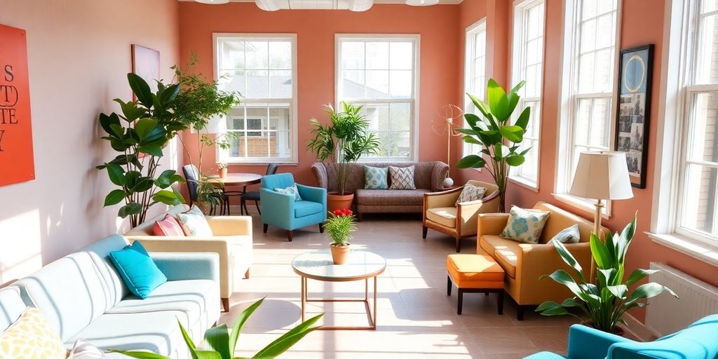 Bright common area in a sorority house with greenery.
