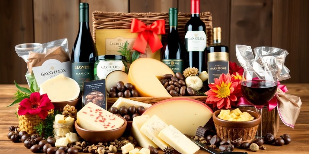 Gourmet gift basket with cheeses, wines, and chocolates.