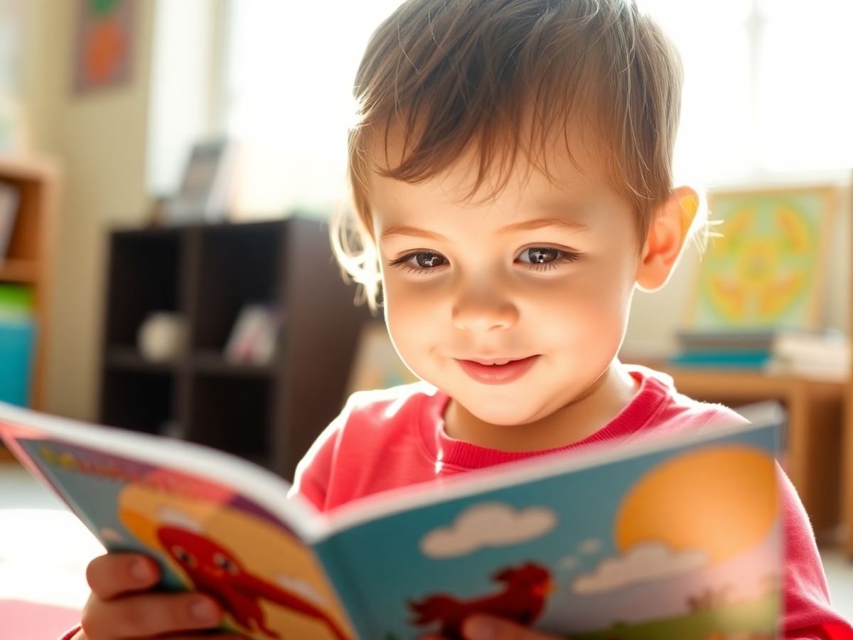 Copil fericit citind o carte într-un mediu luminos.