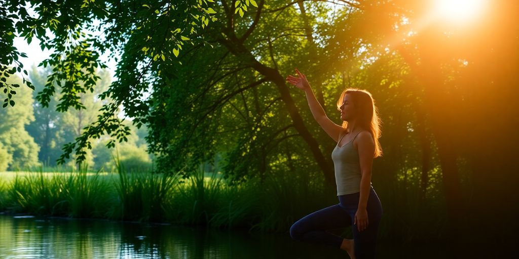 Person meditating peacefully in a serene natural setting.