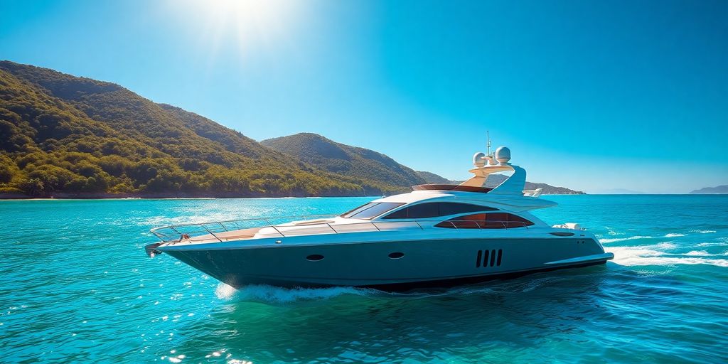 Luxury yacht cruising clear turquoise waters under sunny skies.
