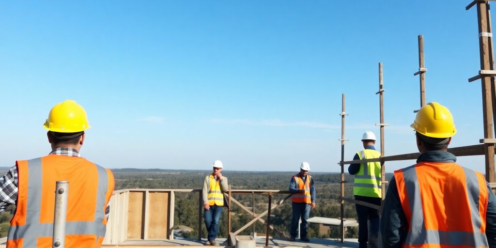 Construction crew working on building frame.