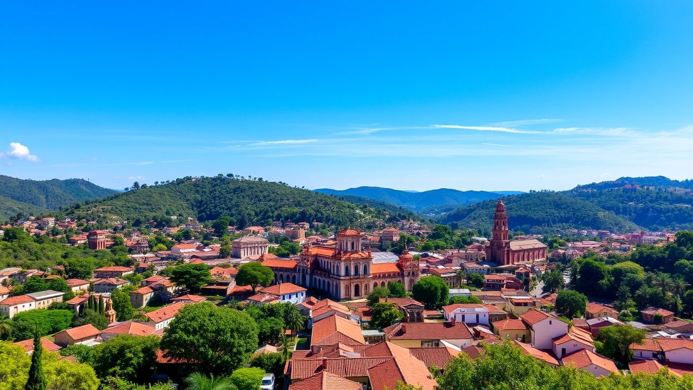 Colonial architecture of Ouro Preto amidst green hills.