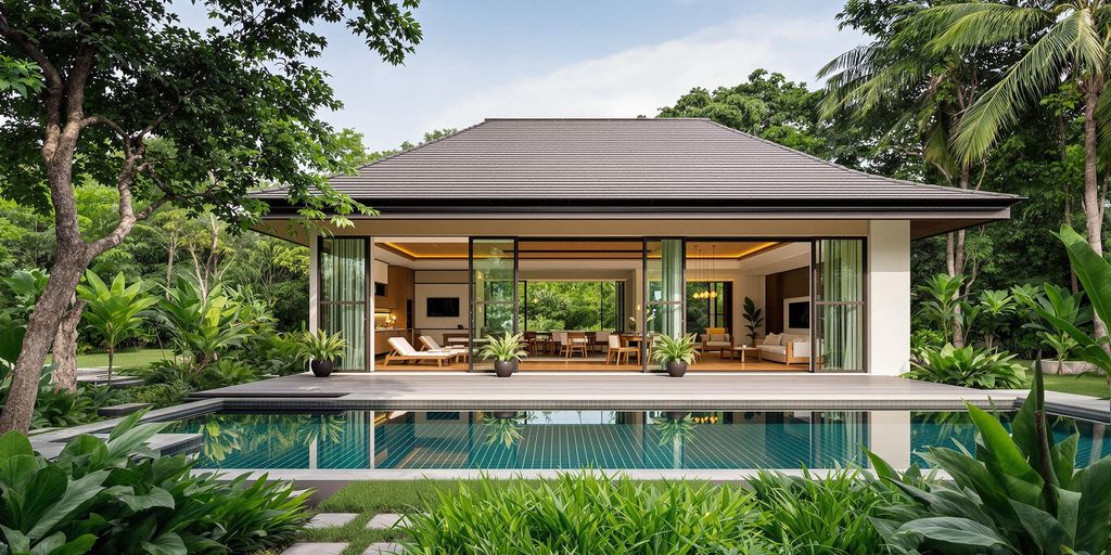 Luxury eco-friendly home nestled in Thailand's lush greenery.